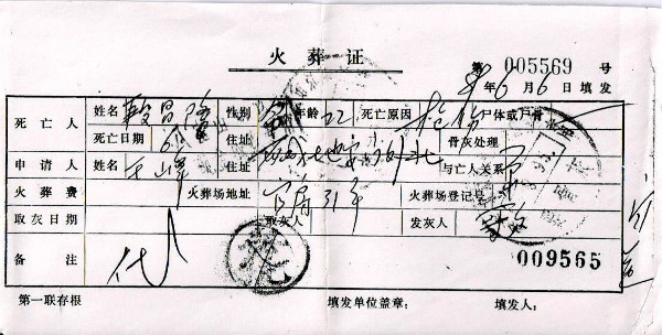 Duan Changlong’s cremation certificate indicating gunshot wound as the cause of death